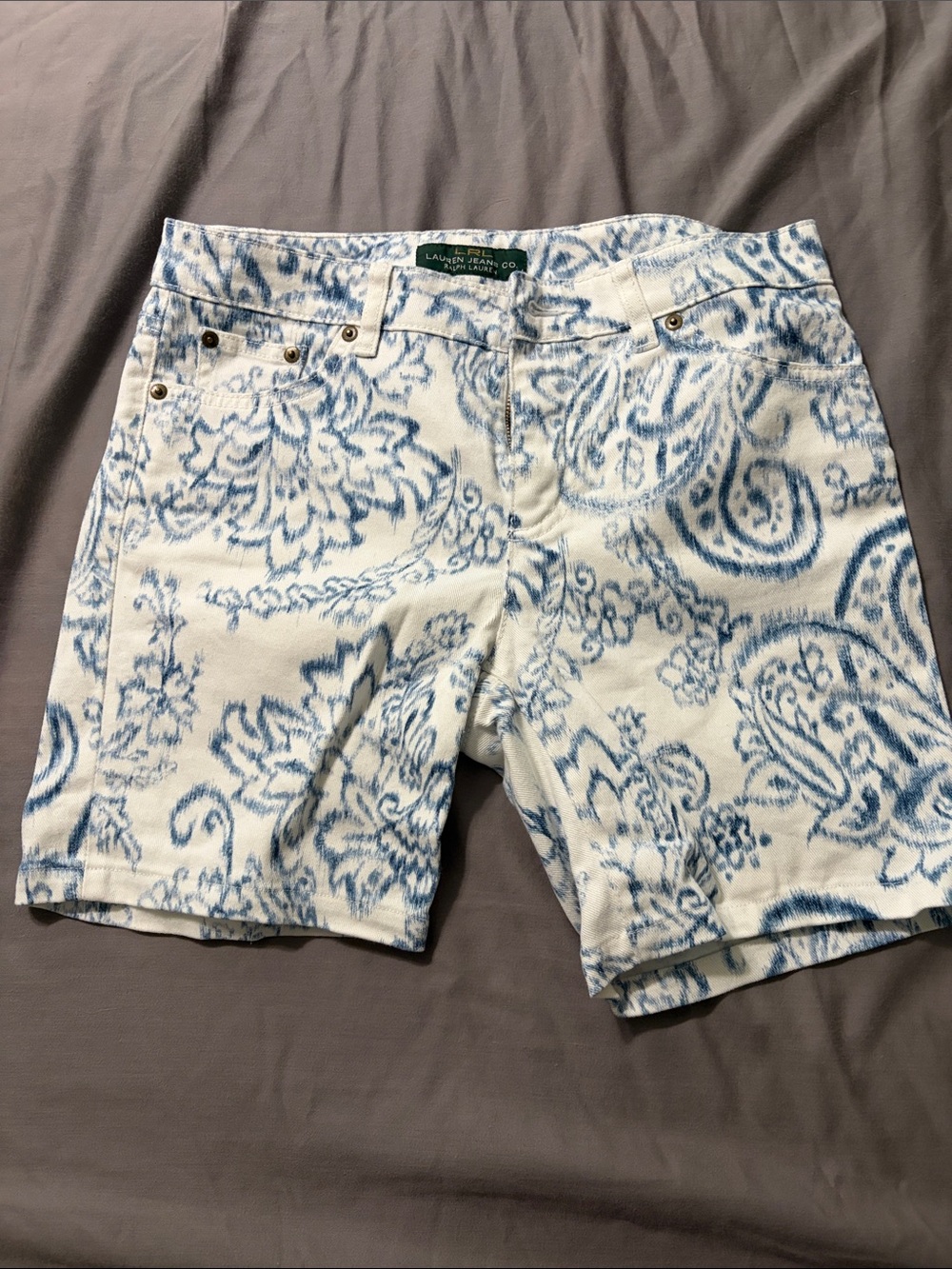 Lauren Ralph Lauren White & Blue Paisley Cotton Blend Shorts
